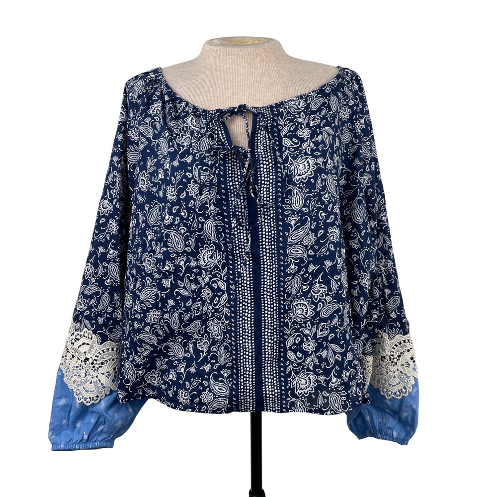 LOFT Navy Blue Paisley Floral Cotton Peasant Blouse Lace Crochet Sleeve Womens M